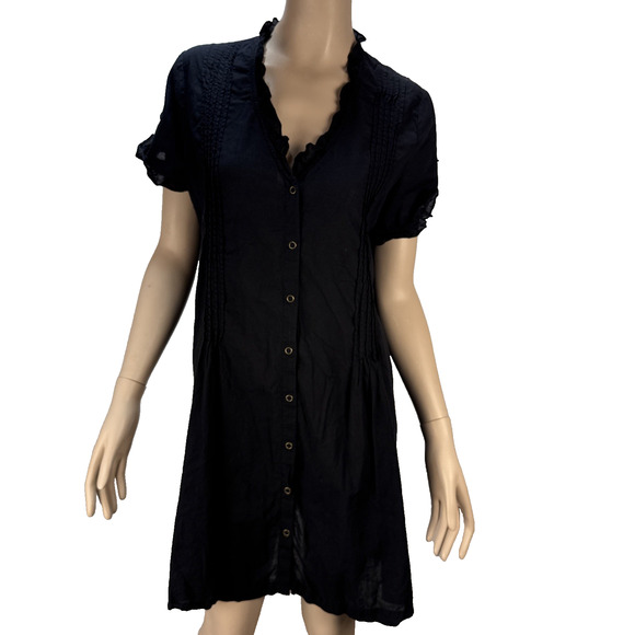 XCVI Dresses & Skirts - XCVI Ruffle Neck Button Up Shirt Dress Size L Black Gauze Cotton Short Sleeve